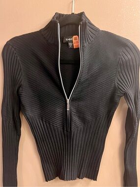 bebe Black Ribbed Half-Zip Mock Neck Top